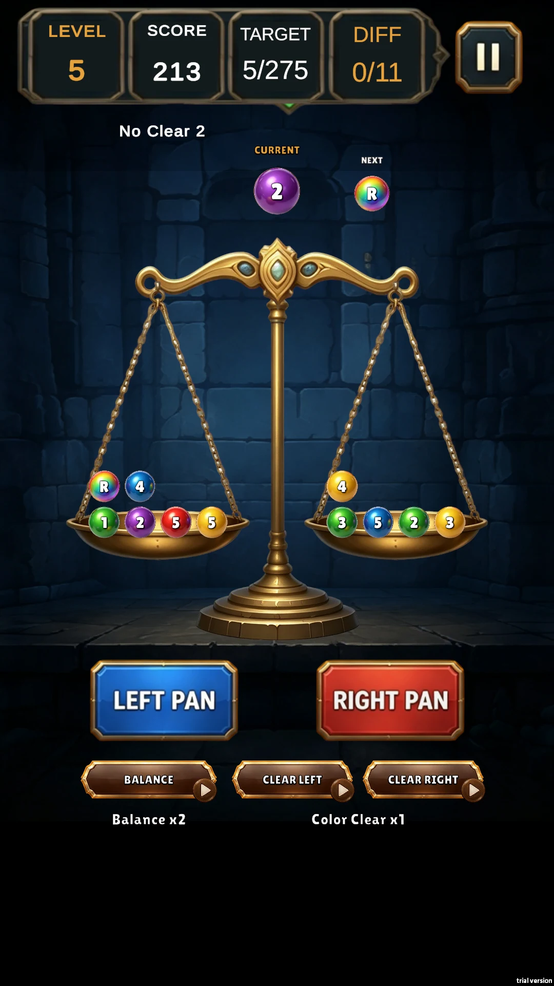 Alchemy Balance gameplay with numbered colored weights on both pans.