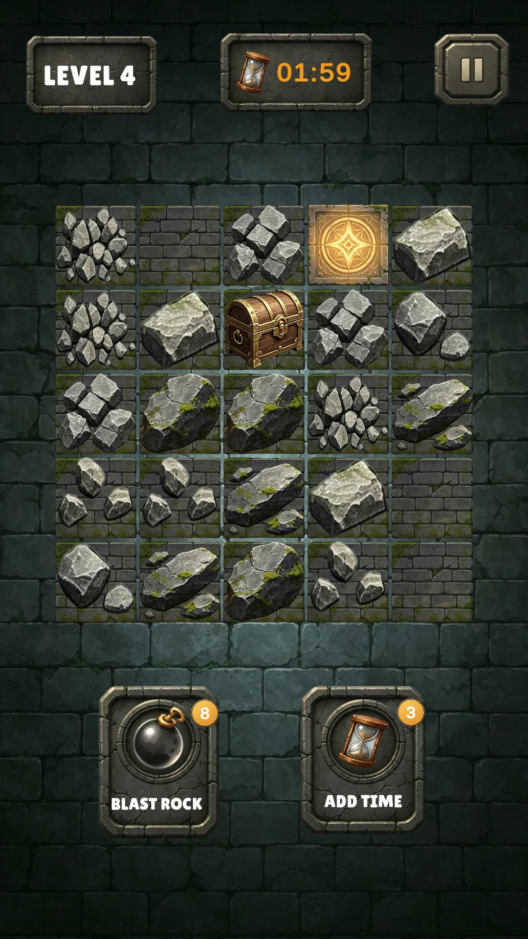 Chest Escape gameplay showing the chest, stone obstacles, timer, and glowing exit.