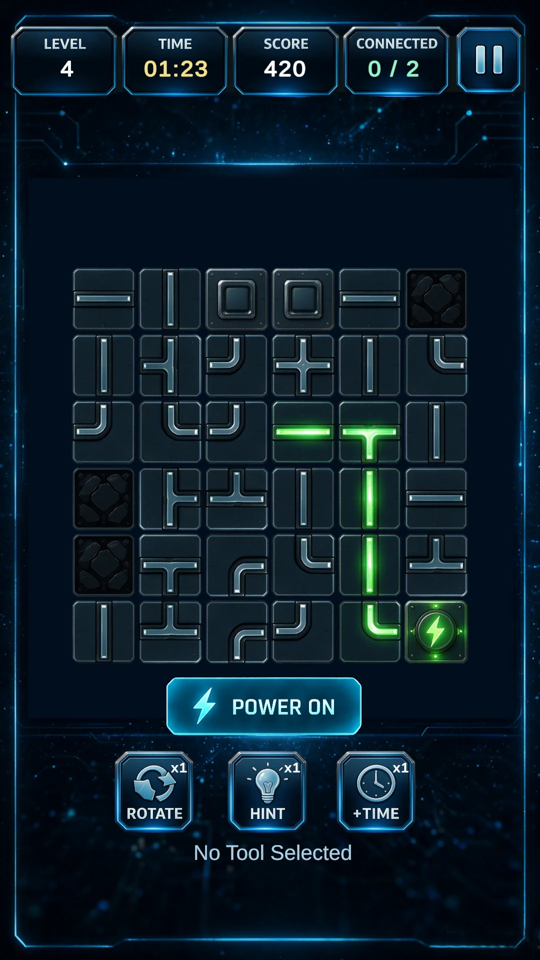 Circuit Link gameplay with circuit tiles, a power node, and illuminated path segments.