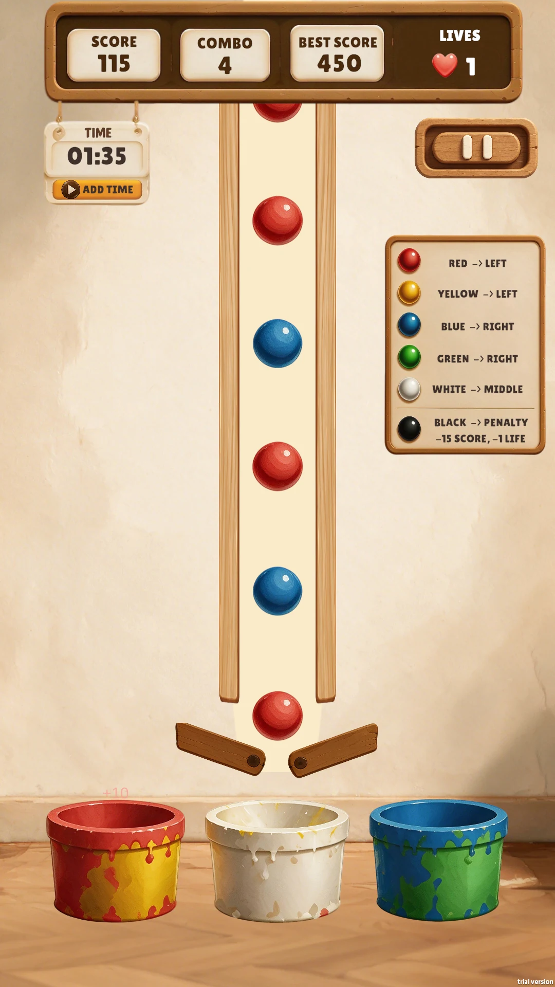 Color Gate gameplay with falling red and blue balls, direction guide, and three gates.