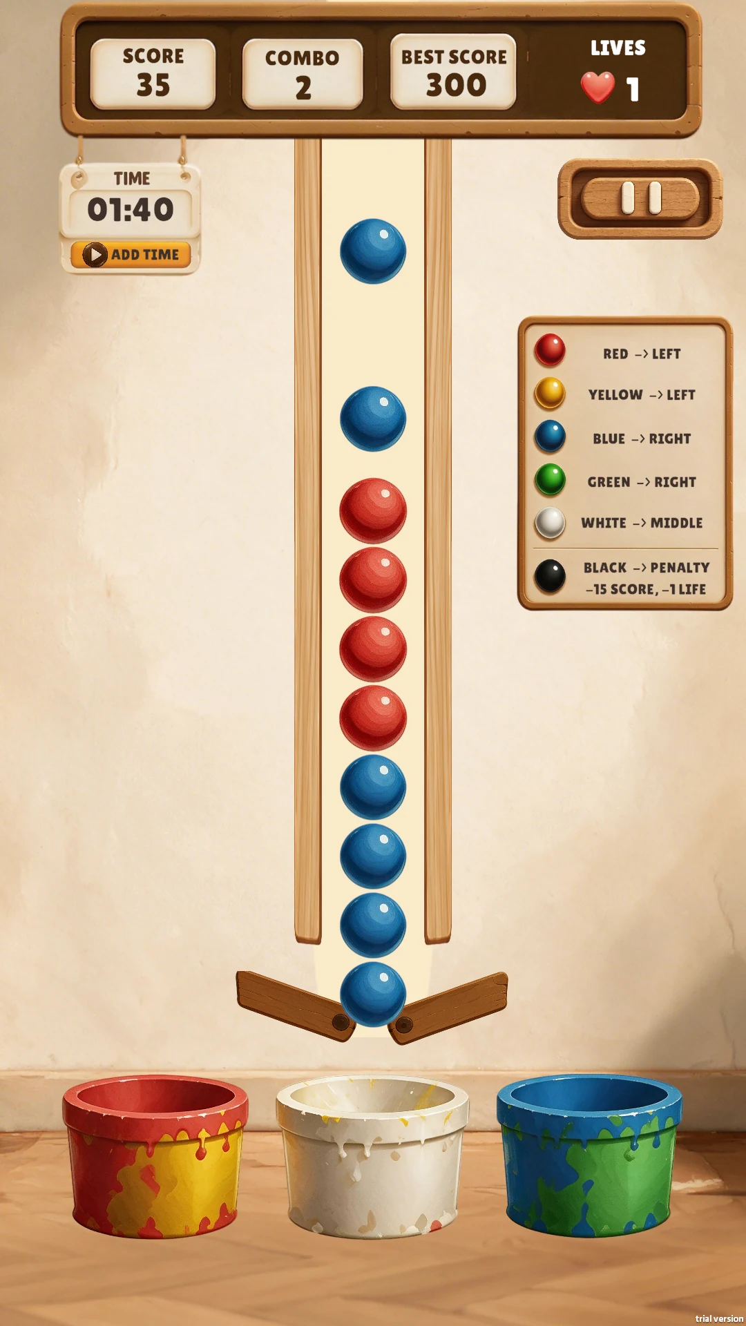 Color Gate gameplay showing the score, combo, timer, and color guide.
