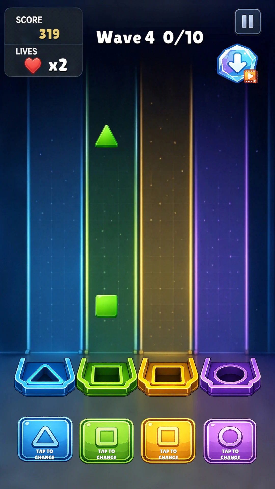 Geometry Workshop gameplay showing four tracks, falling shapes, and receiving slots.