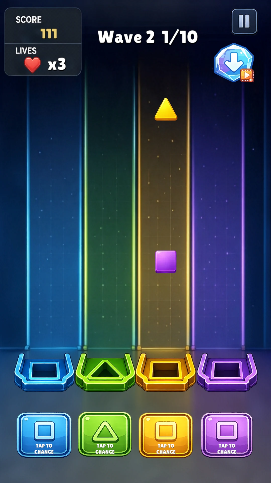 Geometry Workshop gameplay with a triangle and square falling toward shape slots.