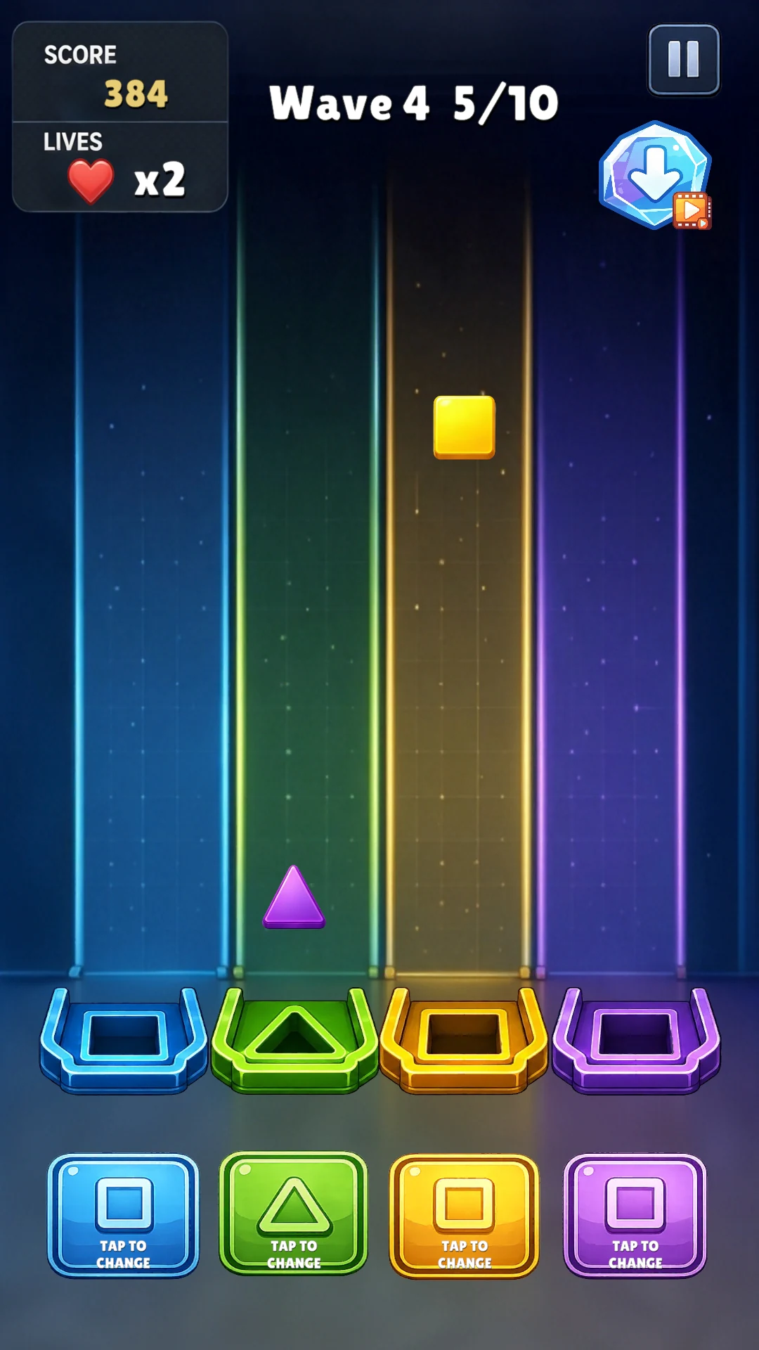 Geometry Workshop gameplay with square and triangle pieces on separate tracks.