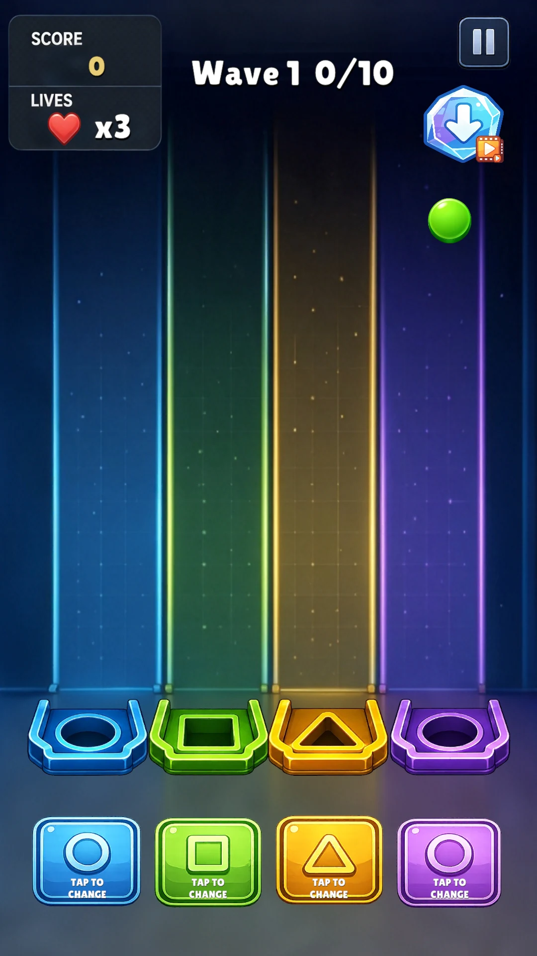 Geometry Workshop gameplay with a falling circle and four controls for changing slot shapes.